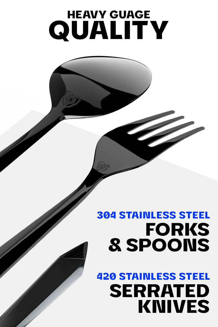 Dalstrong 20 piece flatware cutlery set black stainless steel service of 4 showcasing it's stainless steel forks and spoons.