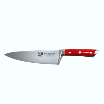 Dalstrong gladiator series 8 inch chef knife with red handle in all angles.