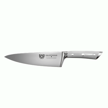 Dalstorng gladiator series 8 inch chef knife with white handle in all angles.