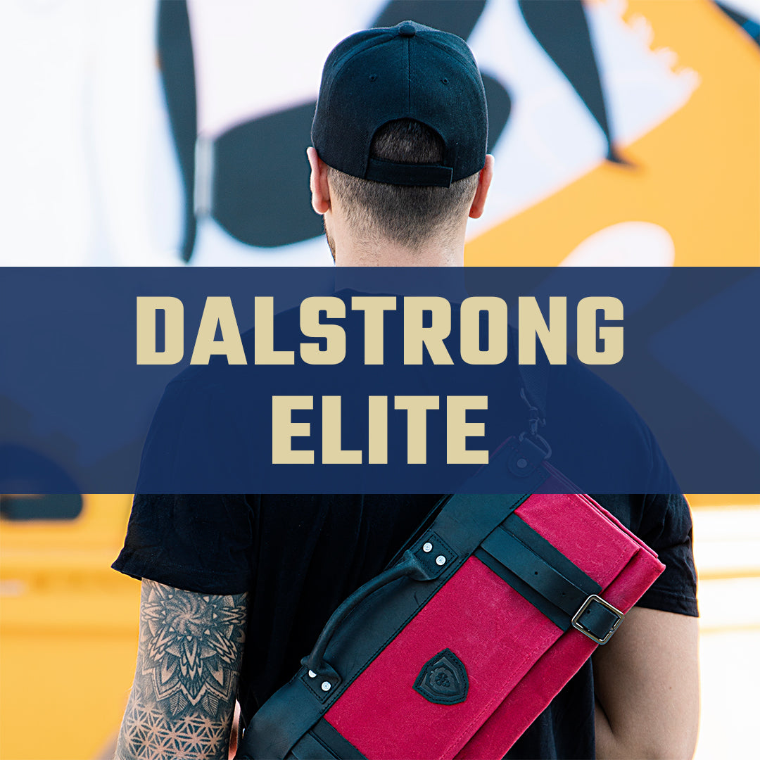 A red knife roll strapped across a man's back with the words Dalstrong Elite in gold graphics
