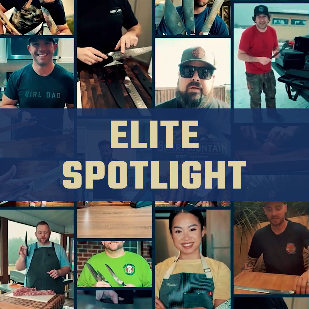 A gallery of Dalstrong chefs with gold graphics promoting Elite Spotlight