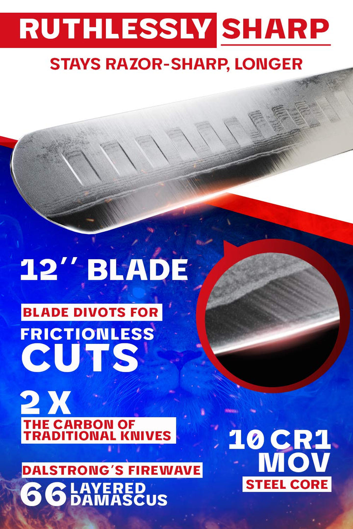 Dalstrong firestorm alpha series 12 inch slicer knife featuring it's razor sharp blade.