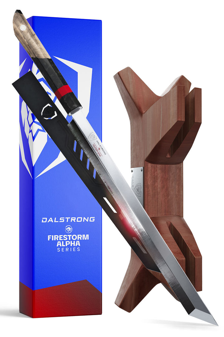 Dalstrong firestorm alpha series 17 inch helios slicer knife in front of it's premium packaging.