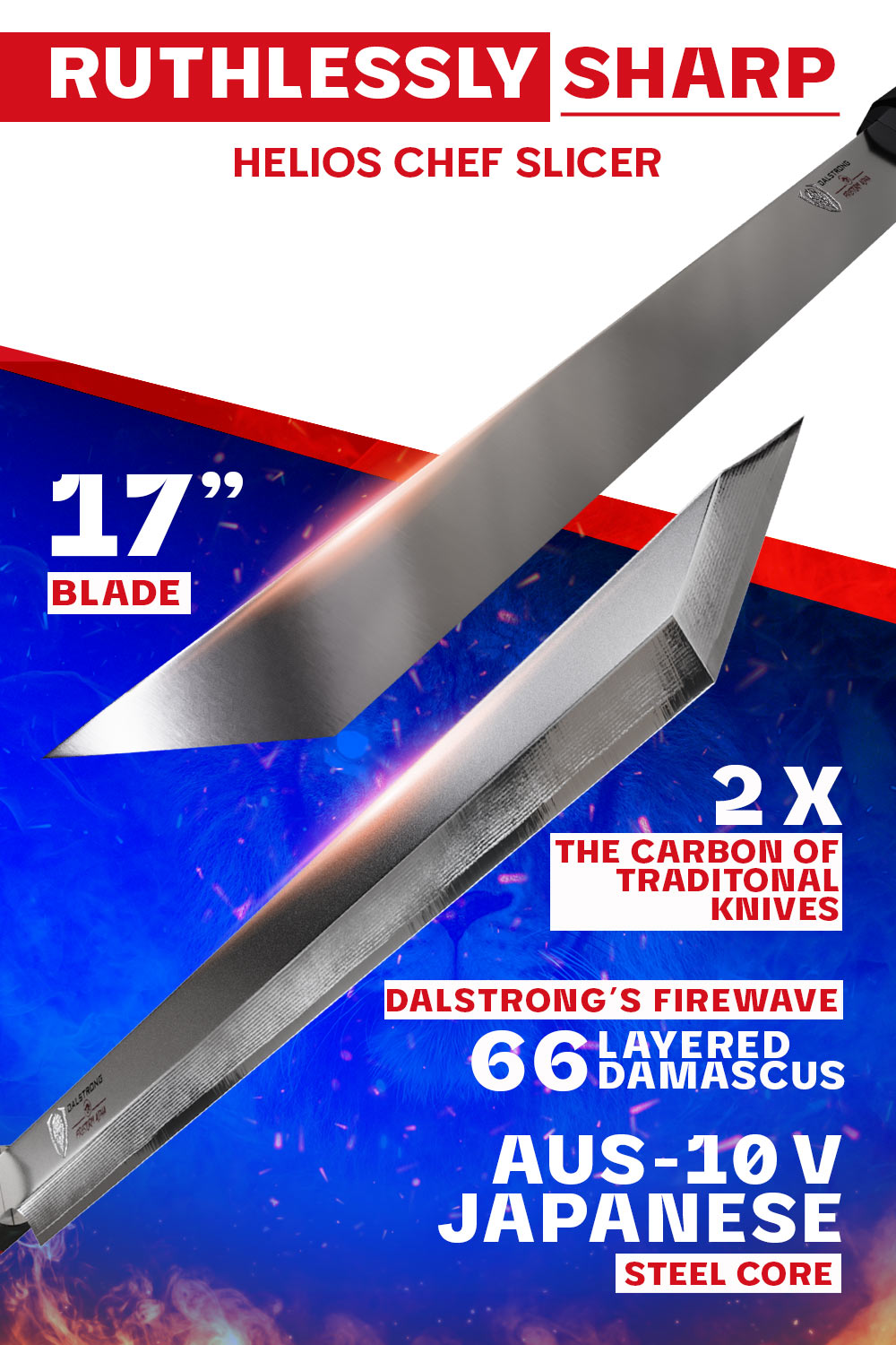 Dalstrong firestorm alpha series 17 inch helios slicer knife featuring it's razor sharp blade.