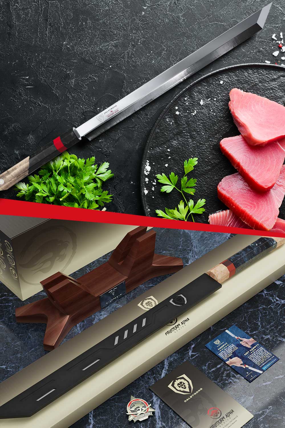 Dalstrong firestorm alpha series 17 inch helios slicer knife with stand and sheath outside it's premium packaging.