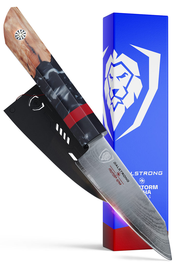 Dalstrong firestorm alpha series 3.75 inch paring knife in front of it's premium packaging.