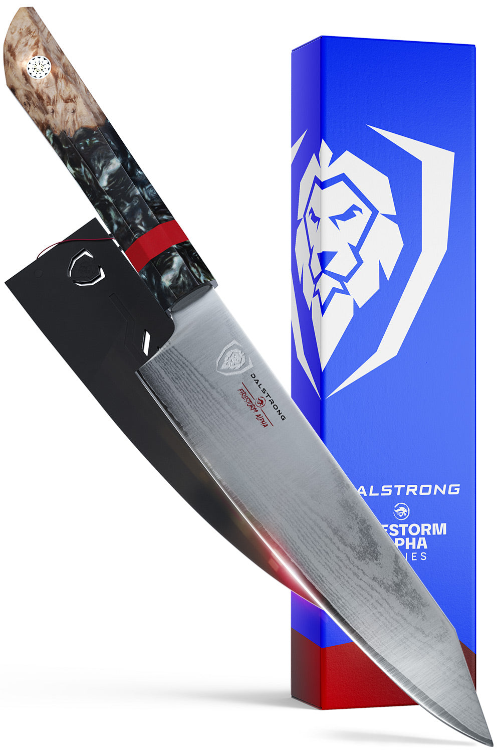 Dalstrong firestorm alpha series 8 inch chef knife in front of it's premium packaging.