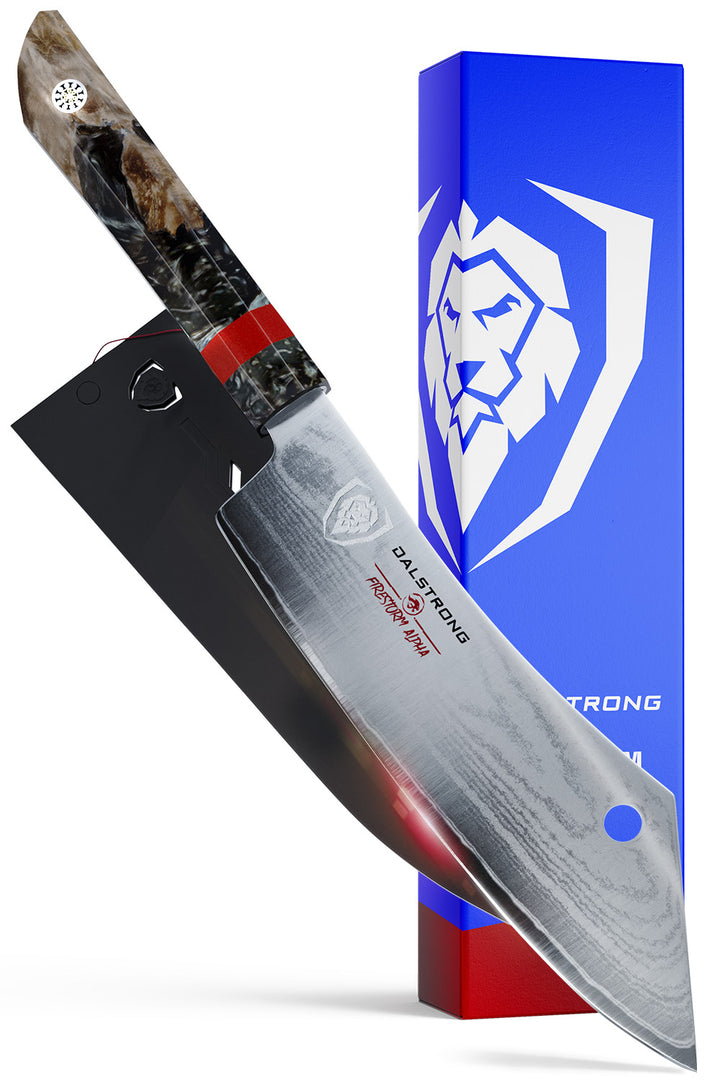 Dalstrong firestorm alpha series 8 inch crixus cleaver knife in front of it's premium packaging.