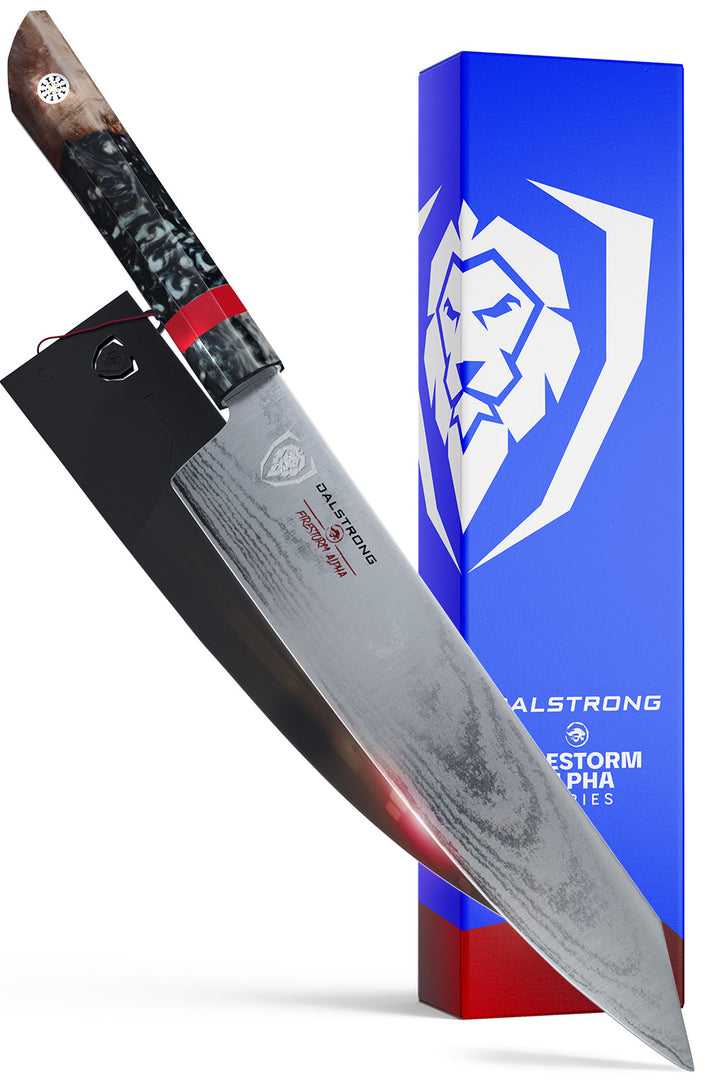 Dalstrong firestorm alpha series 9.5 inch chef knife in front of it's premium packaging.