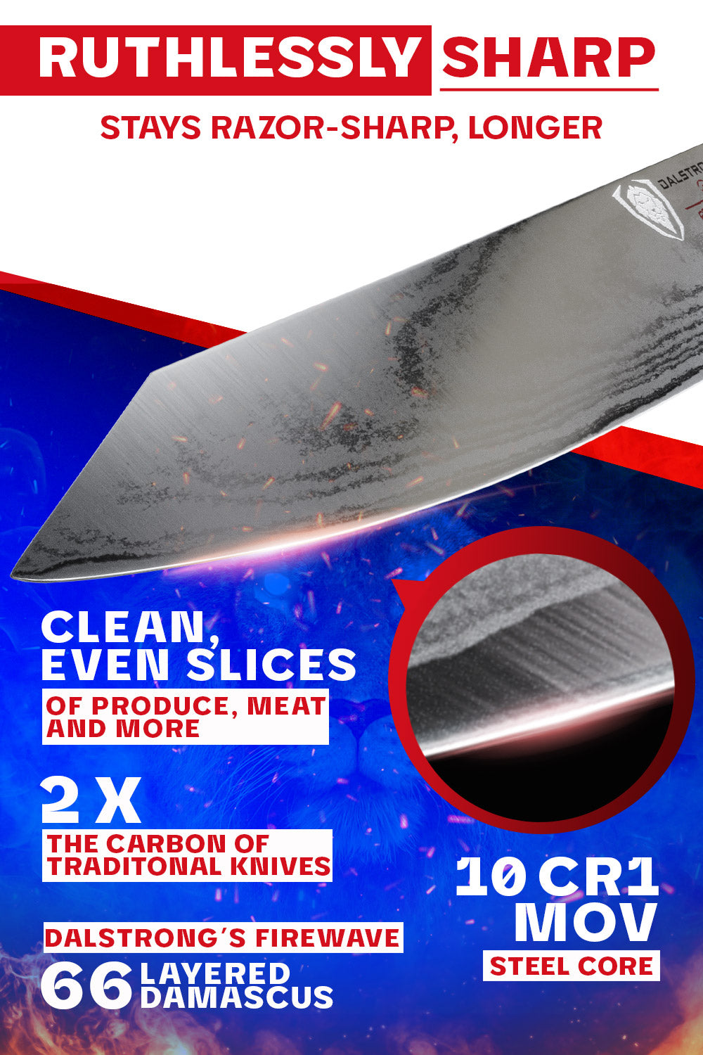 Dalstrong firestorm alpha series 9.5 inch chef knife featuring it's razor sharp blade.