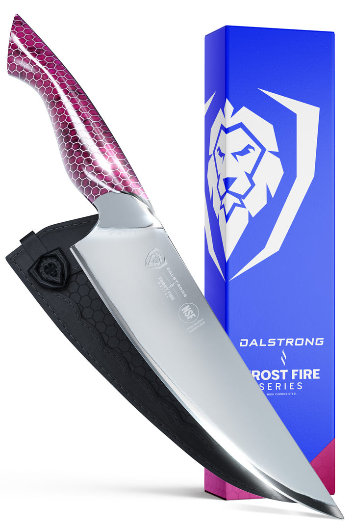 Dalstrong frost fire series 8 inch chef knife with fuchsia handle in front of it's premium packaging.
