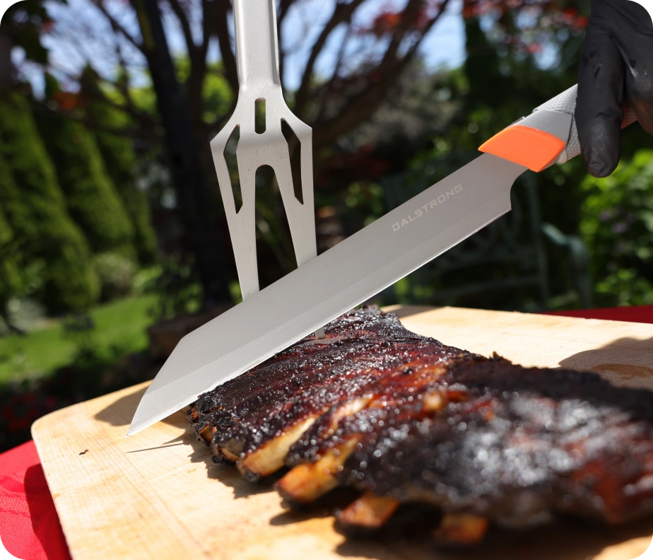 <h6>Heat and corrosion, handled.</h6><p>The Titanium Nitride coating boosts the steel’s resistance to both, keeping the tools in working condition through years of direct-flame cooking.</p>