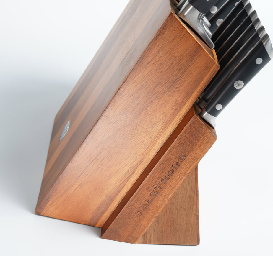 The block: acacia, tilted, a slot for everything