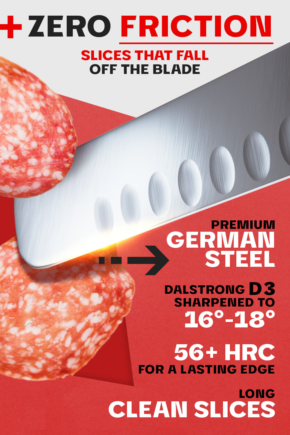 Dalstrong gladiator series 12 inch slicer knife with red handle featuring it's german steel blade and sharpness.