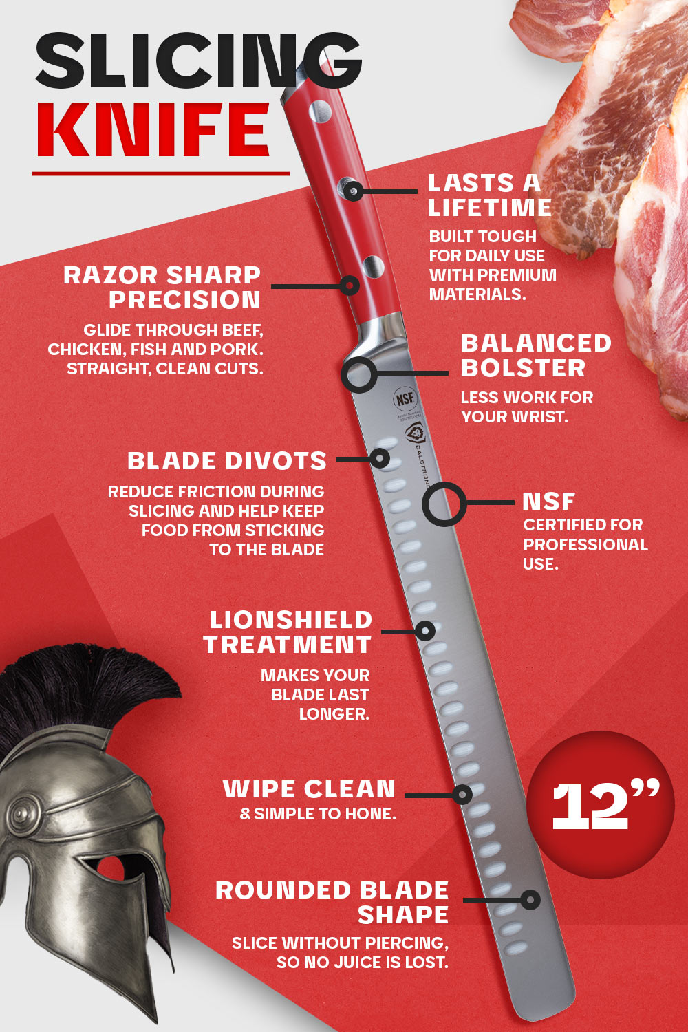 Dalstrong gladiator series 12 inch slicer knife with red handle specification.