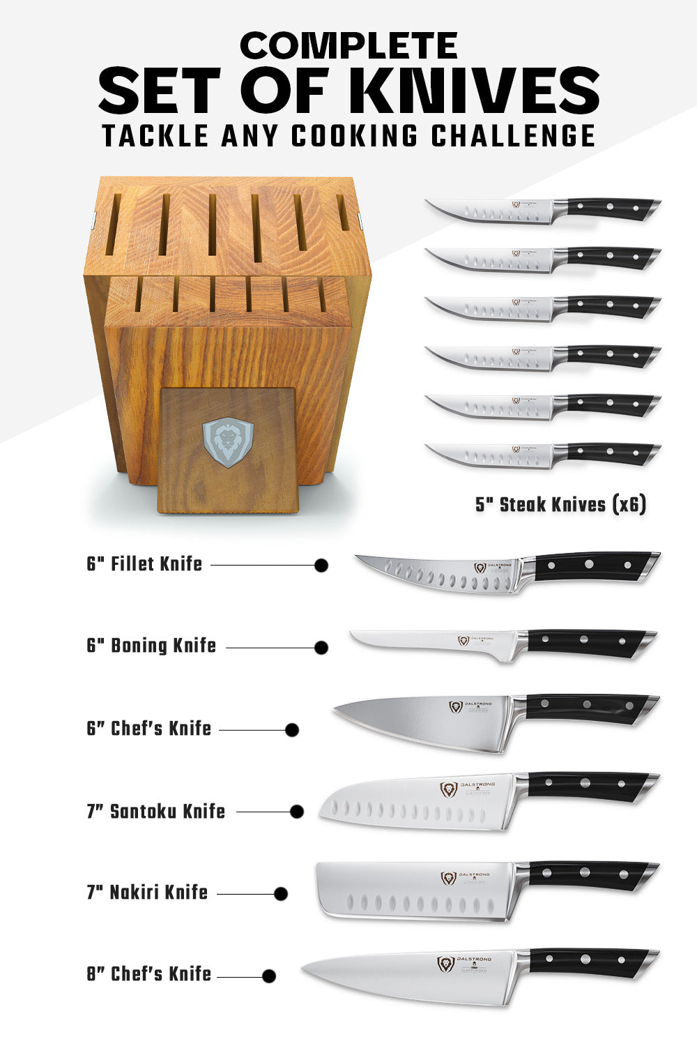 Dalstrong gladiator series 12 piece knife block set with black handles featuring it's complete set of knives and block.