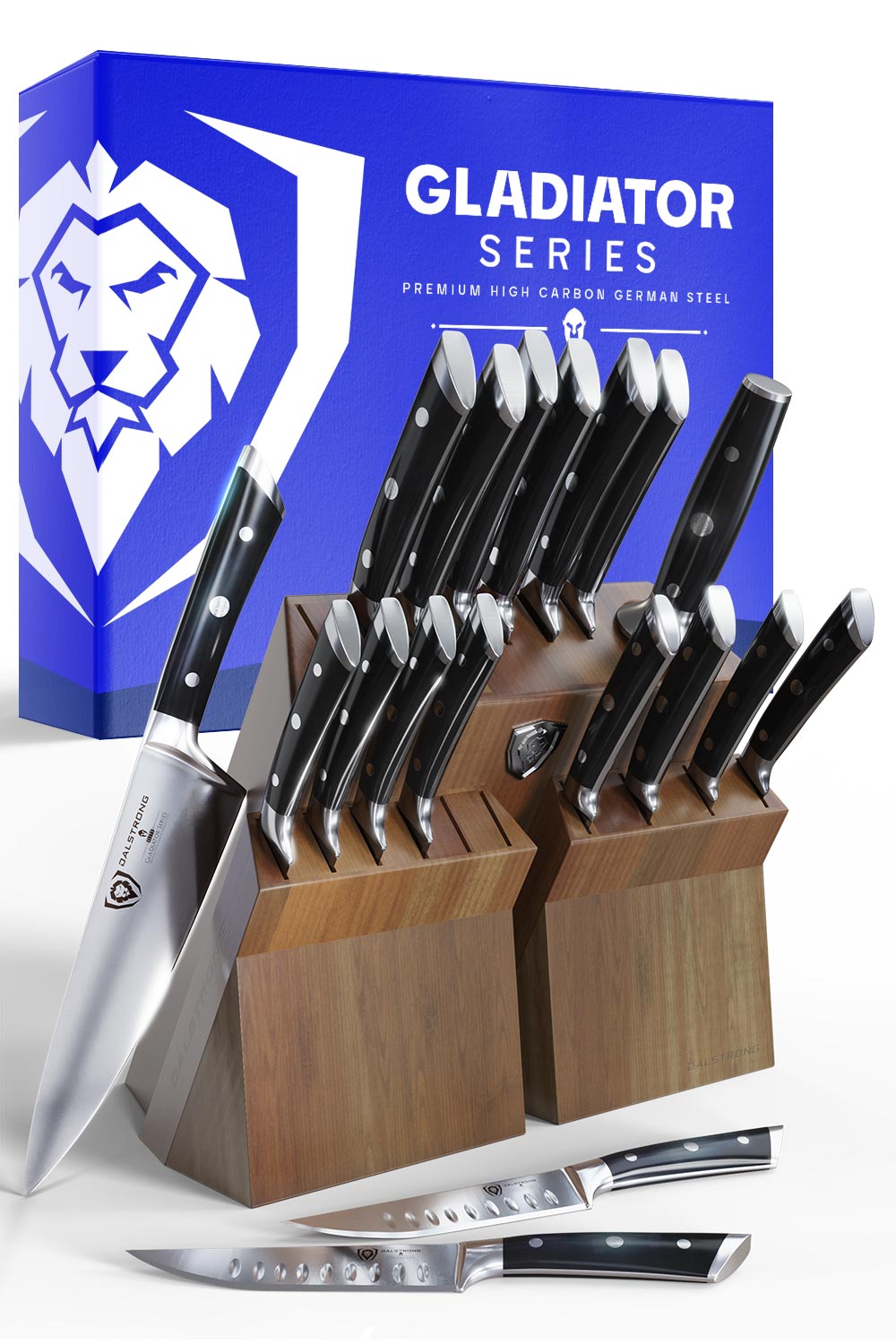Dalstrong gladiator series 18 piece colossal knife set with black handles and block in front of it's premium packaging.