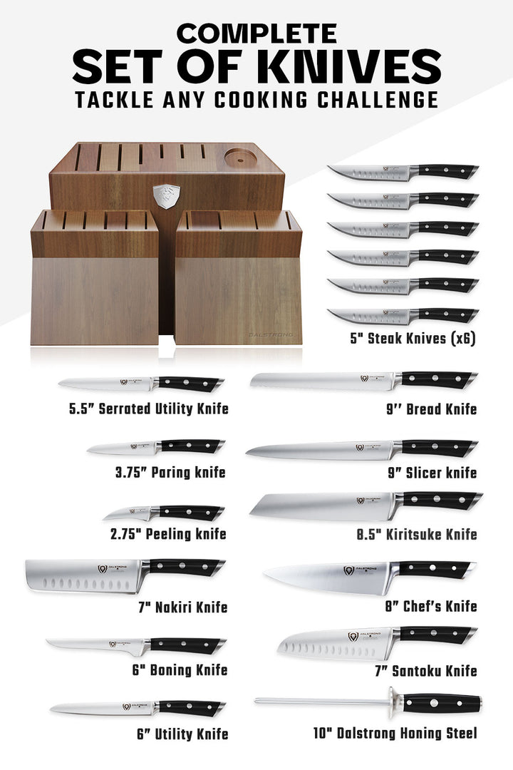 Dalstrong gladiator series 18 piece knife set specification with block.