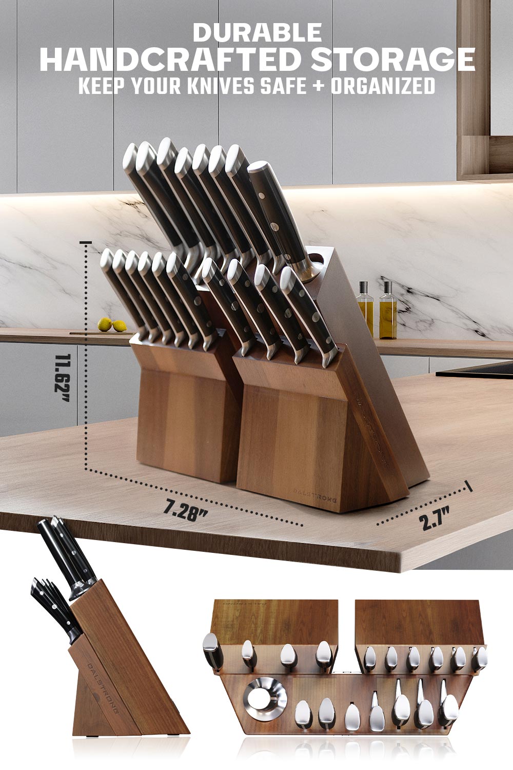 Dalstrong gladiator series 18 piece knife set featuring it's block size in the kitchen.