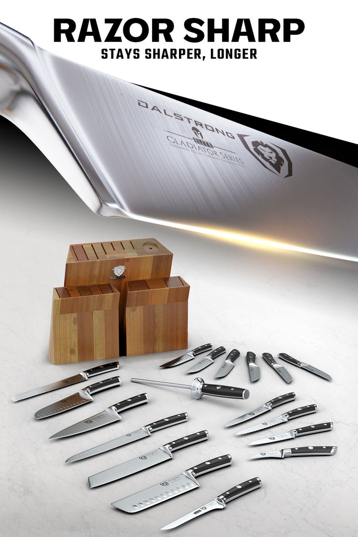 Dalstrong gladiator series 18 piece knife set with block featuring it's super sharp blade.