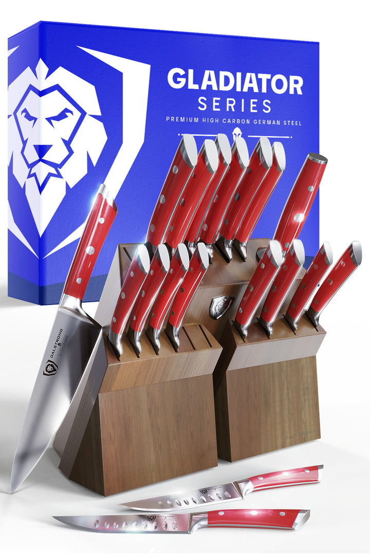18-piece Colossal Knife Set with Block | Red Handles | Gladiator Series | Knives NSF Certified | Dalstrong ©