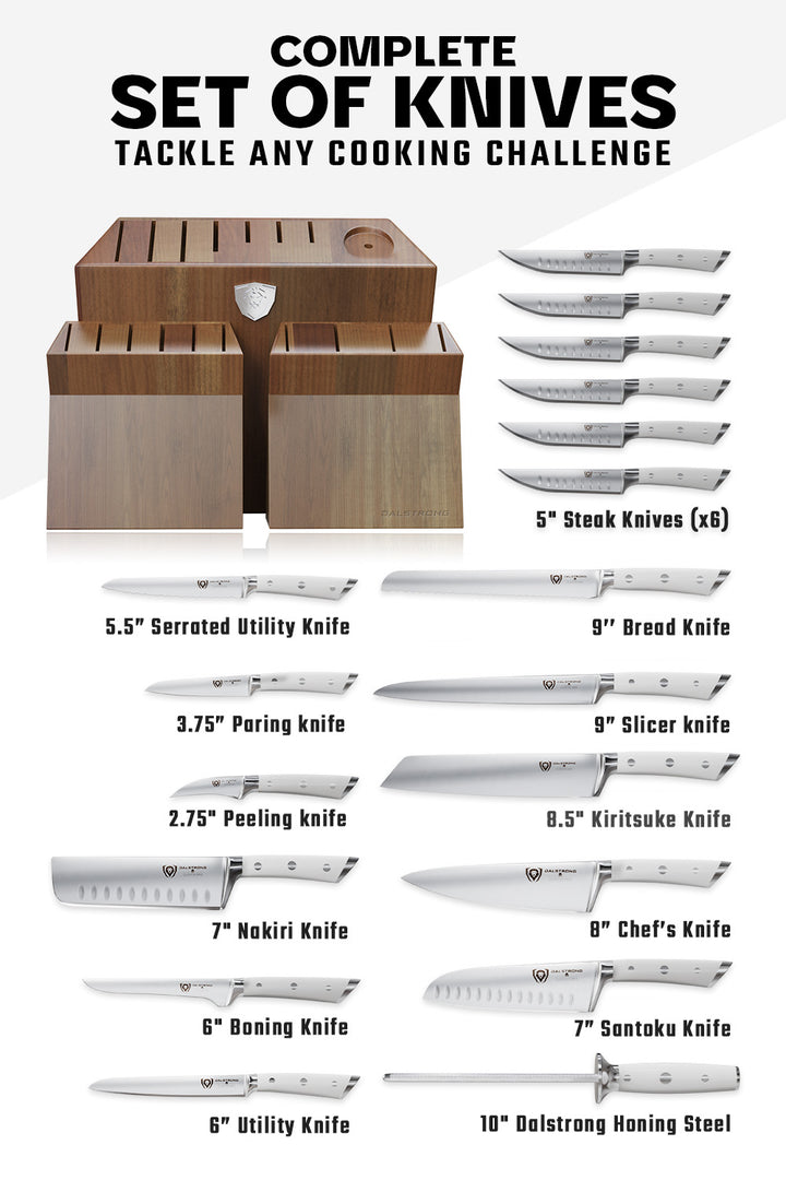 Dalstrong gladiator series 18 piece knife set with white handles and block specification.