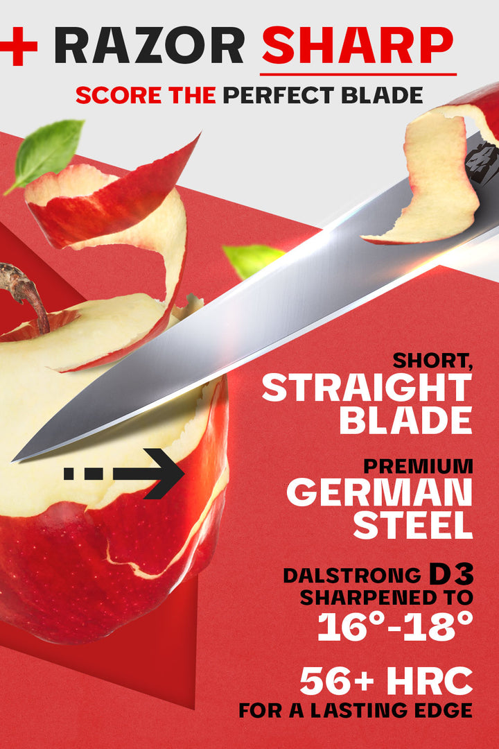 Dalstrong gladiator series 3.5 inch paring knife with red handle featuring it's premium german steel blade and sharpness.
