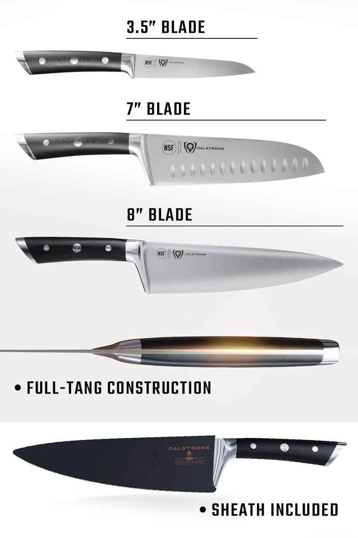 3-Piece Knife Set | Chef - Santoku - Paring | Gladiator Series Elite | NSF Certified | Dalstrong ©