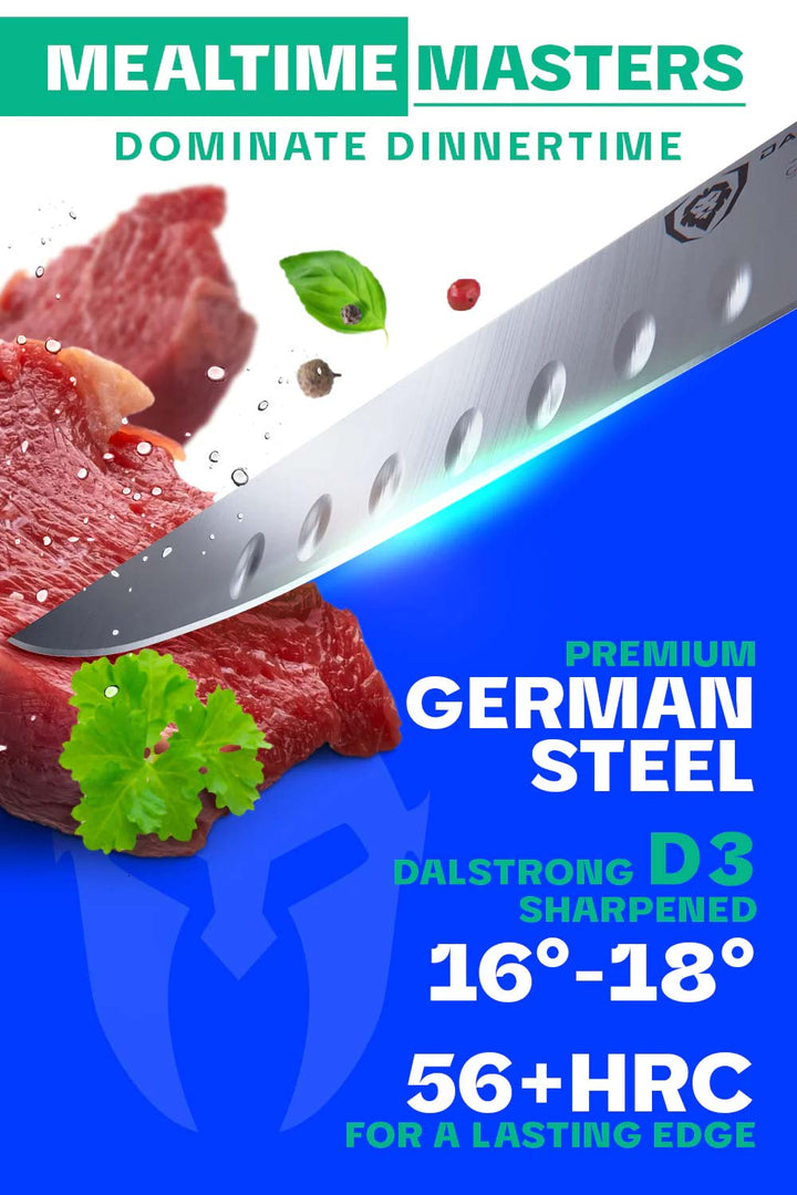 Dalstrong gladiator series 4 piece steak knife set featuring it's premium german steel blade and sharpness.