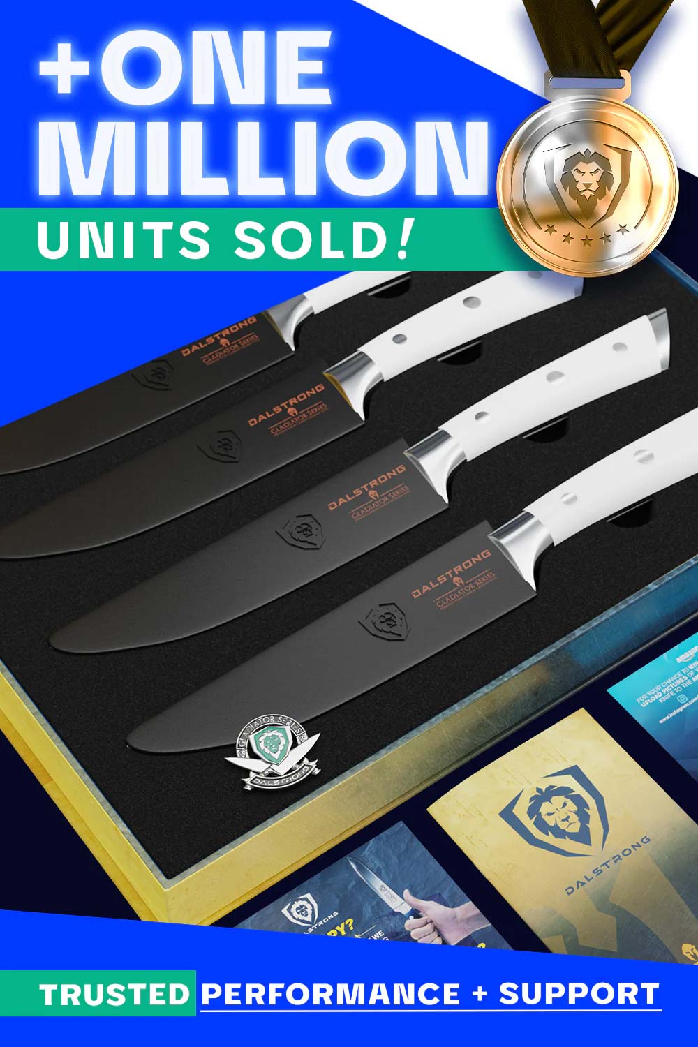 Dalstrong gladiator series 4 piece steak knife set with white handles and black sheaths iside of it's premium packaging.