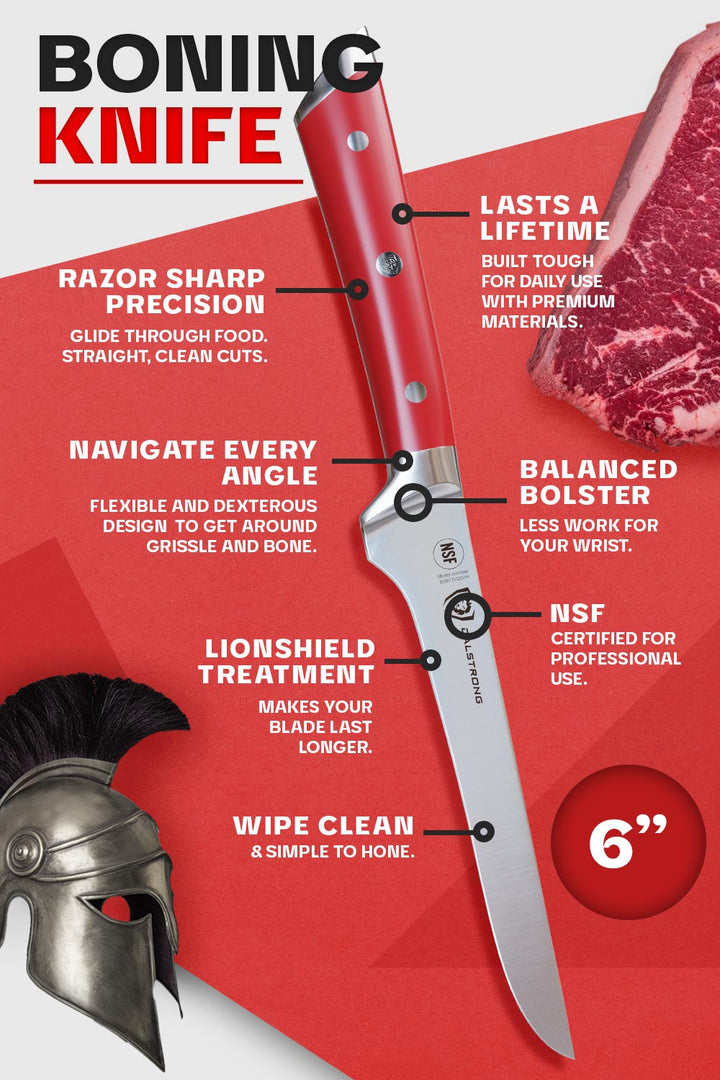 Dalstrong gladiator series 6 inch boning knife with red handle specification.