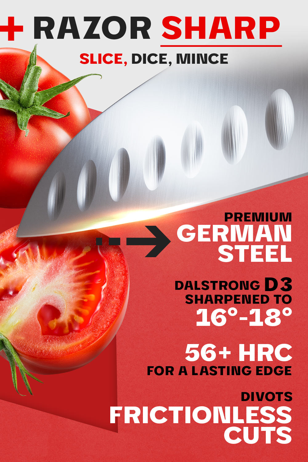Dalstrong gladiator series 7 inch santoku knife with red handle featuring it's razor sharp german steel blade.