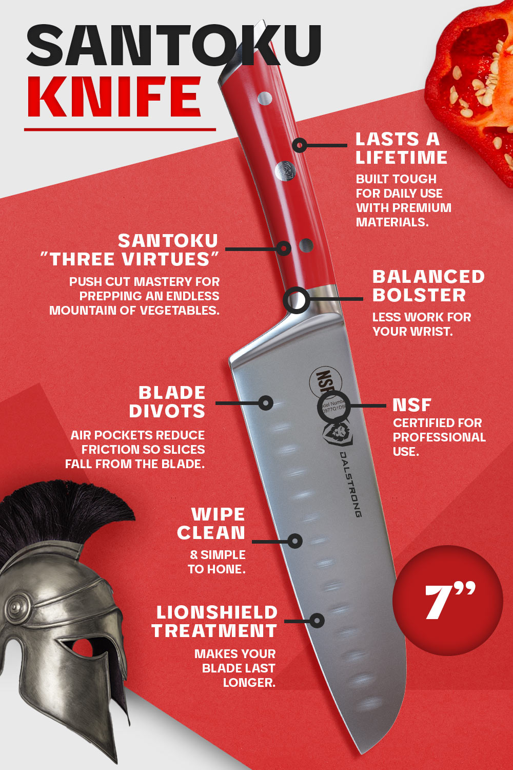 Dalstrong gladiator series 7 inch santoku knife with red handle specification.