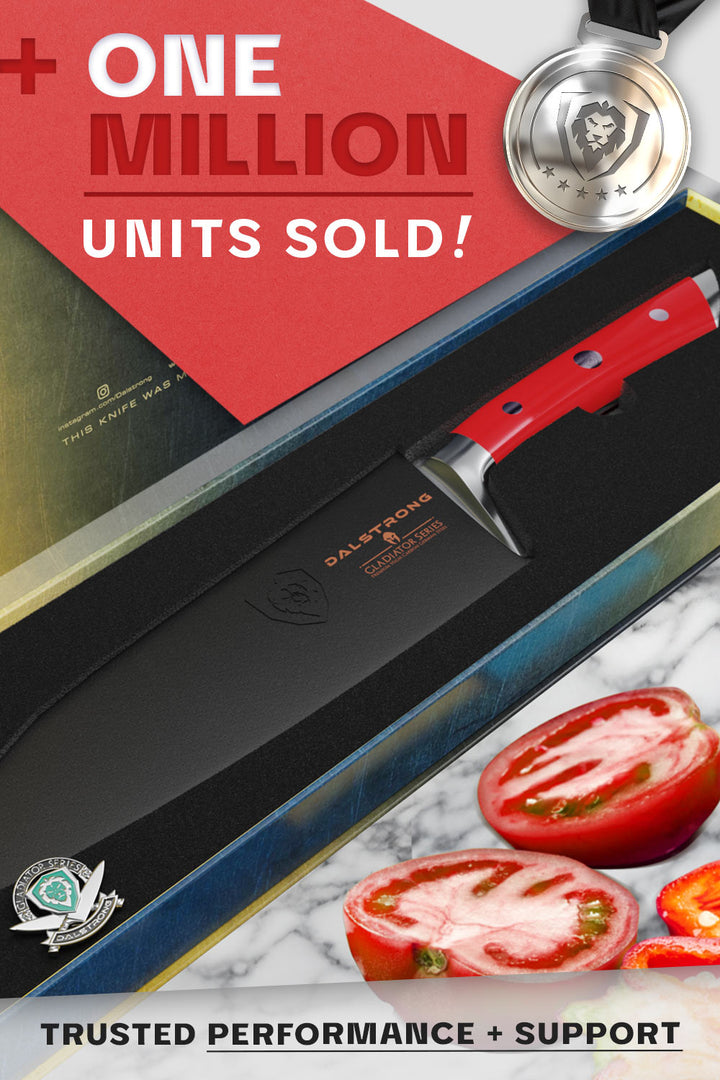 Dalstrong gladiator series 7 inch santoku knife with red handle inside of it's premium packaging.