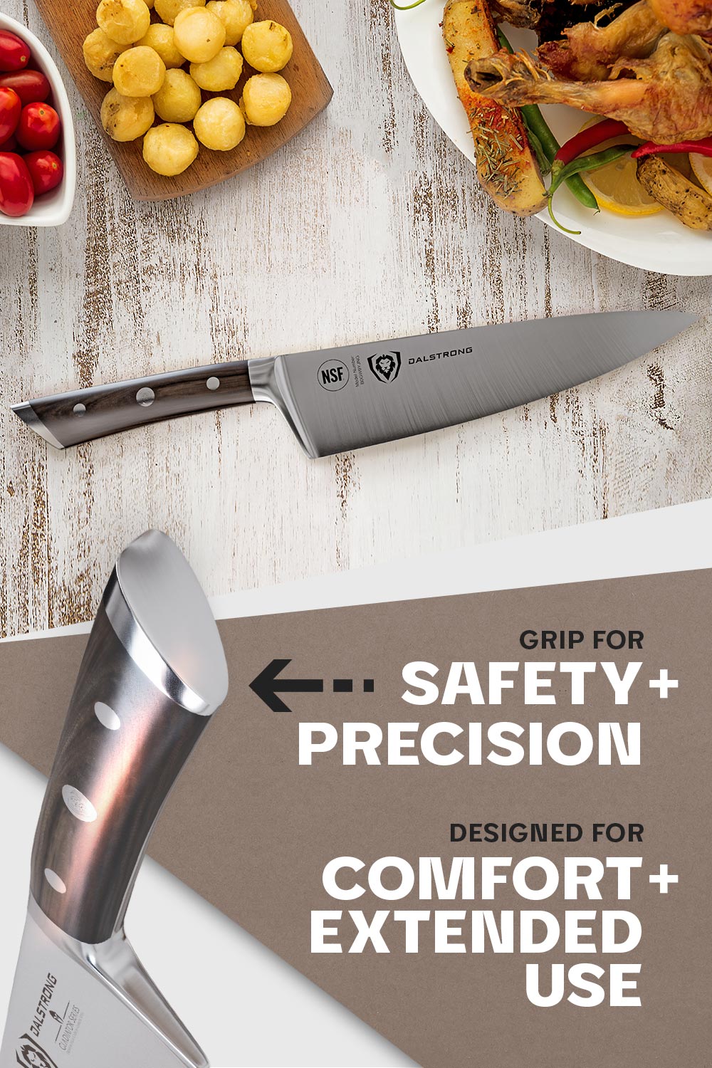 Dalstrong gladiator series 8 inch chef knife showcasing it's grip and comfortable handle.