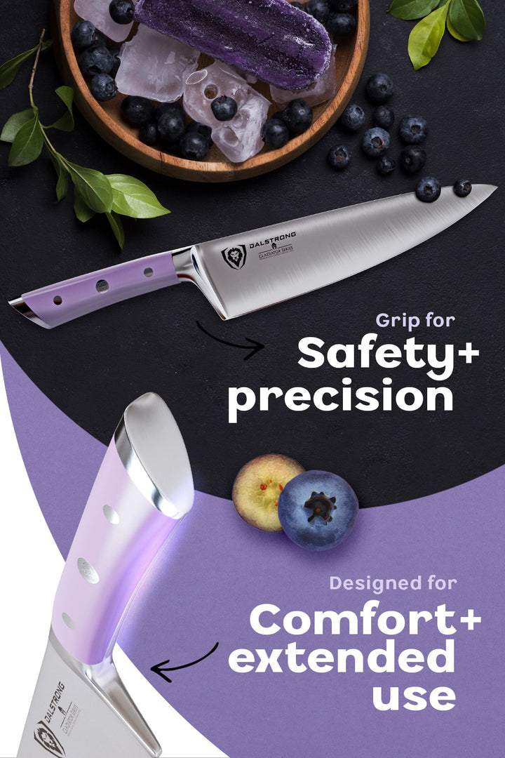 Dalstrong gladiator series 8 inch chef knife showcasing it's grip and comfortable lilac handle.