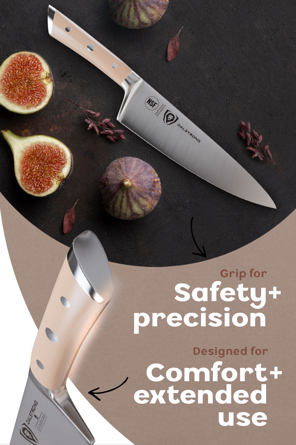 Dalstrong gladiator series 8 inch chef knife showcasing it's grip and comfortable peach handle.