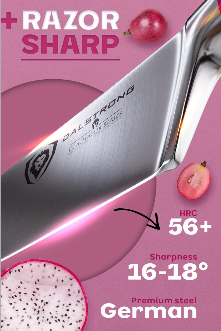 Dalstrong gladiator series 8 inch chef knife with fushia handle featuring it's premium germam steel blade and sharpness.