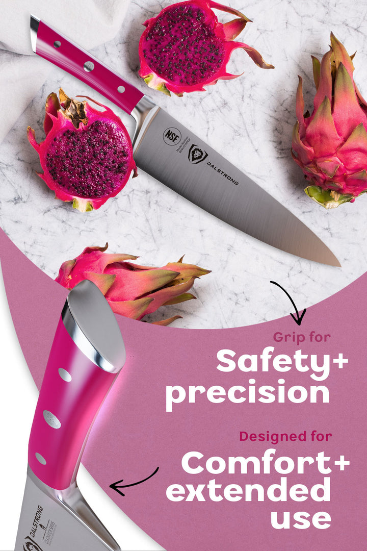 Dalstrong gladiator series 8 inch chef knife featuring it's grip and comfortable ABS fushia handle.