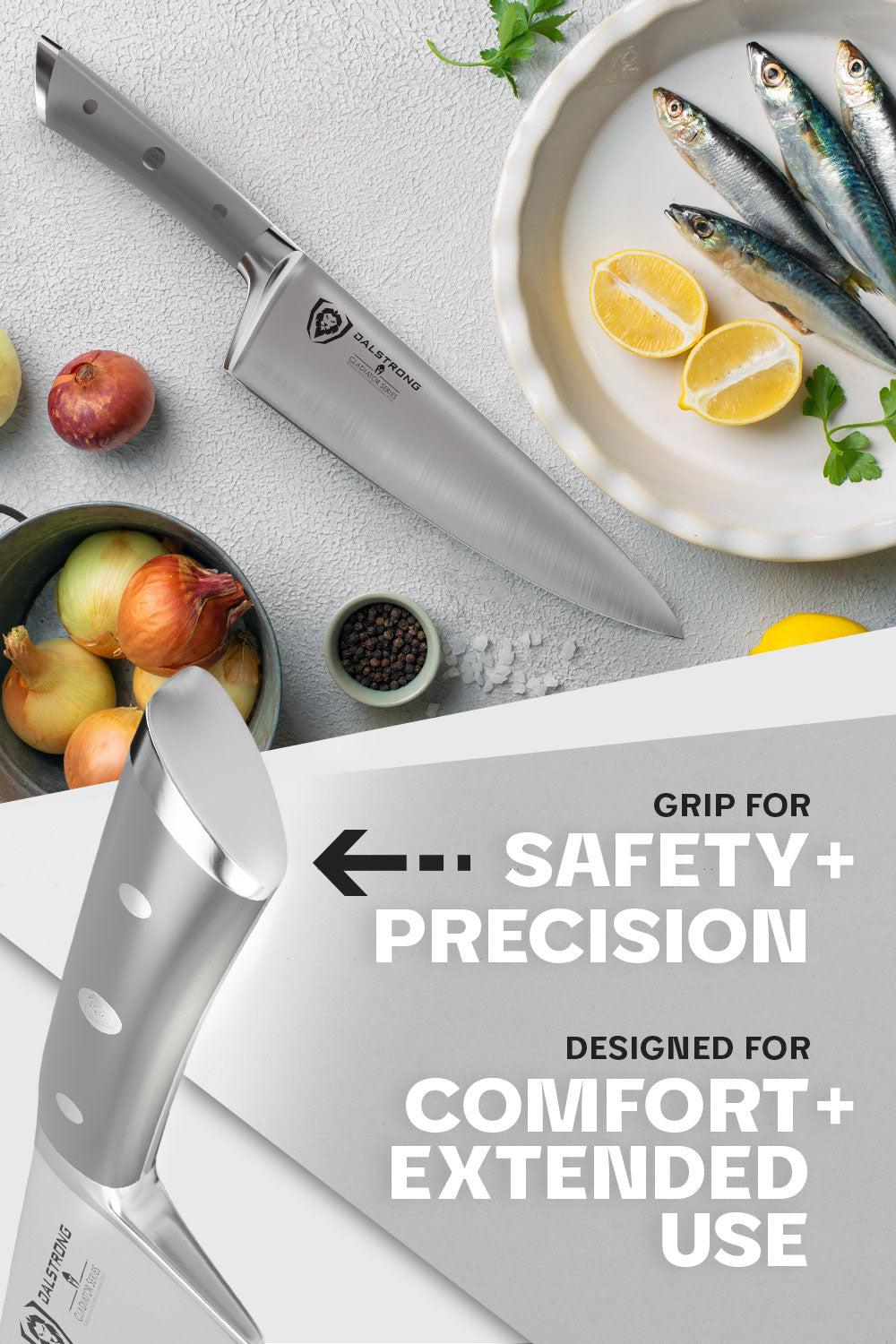 Dalstrong gladiator series 8 inch chef knife featuring it's grip and comfortable handle.