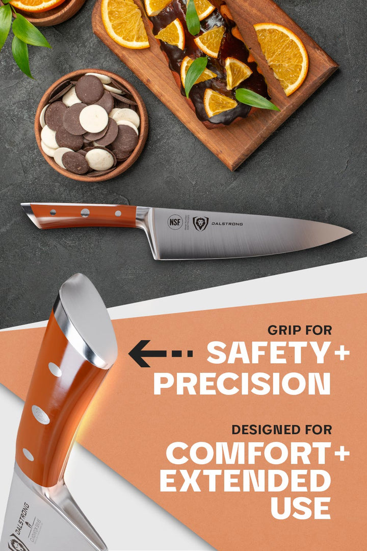 Dalstrong gladiator series 8 inch chef knife showcasing it's grip and comfortable ABS orange handle.