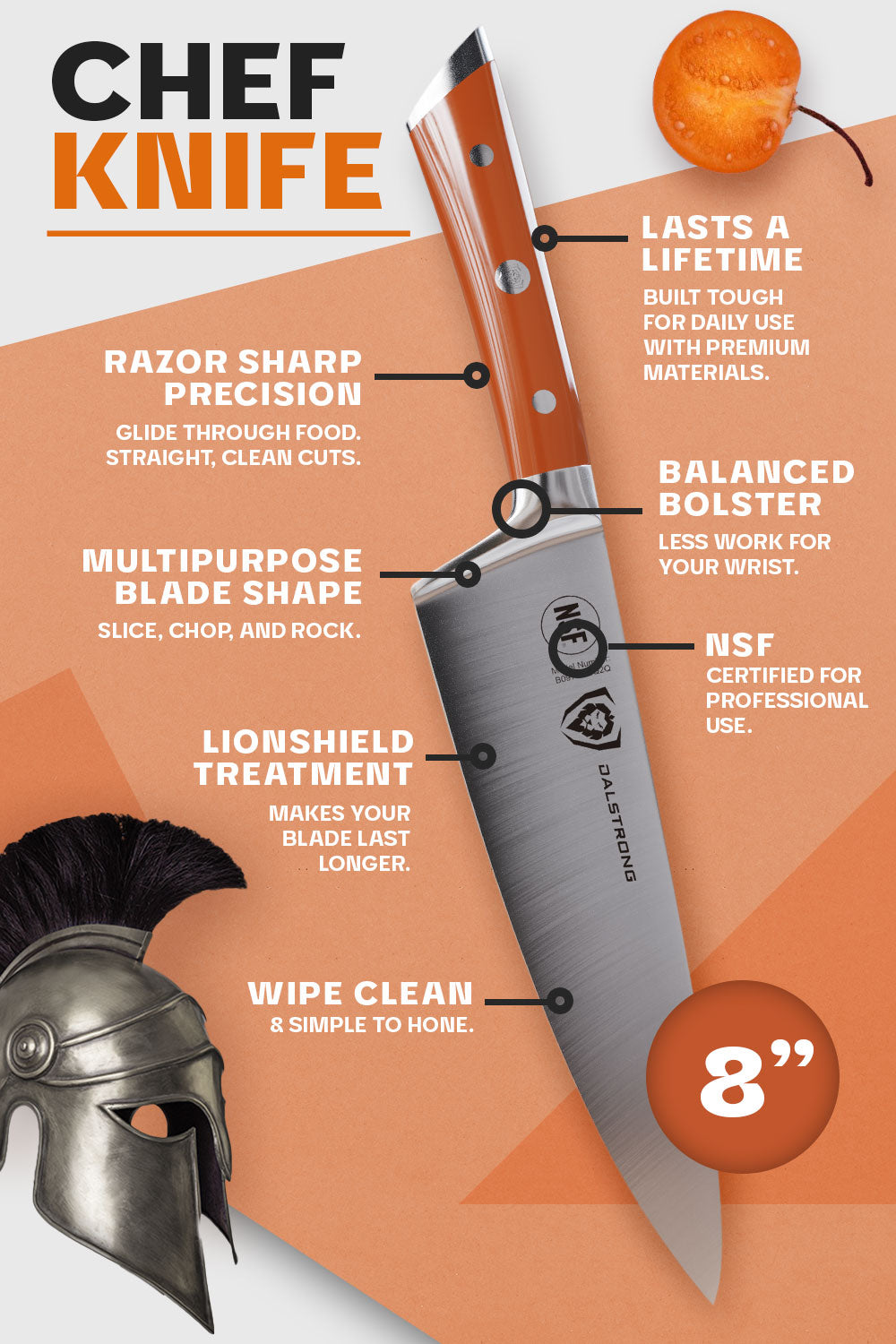 Dalstrong gladiator series 8 inch chef knife with orange handle specification.
