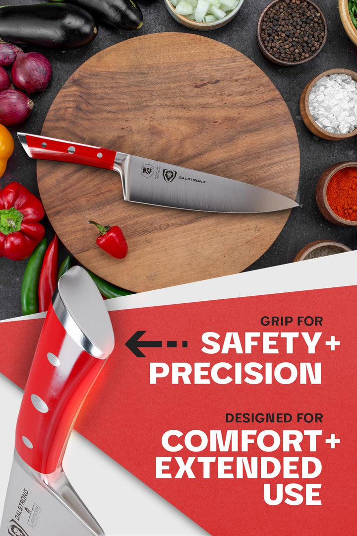 Dalstrong gladiator series 8 inch chef knife with red handle showcasing it's grip design.