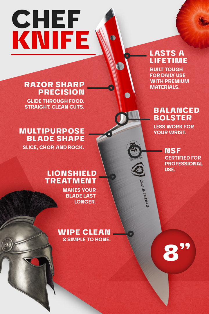 Dalstrong gladiator series 8 inch chef knife with red handle specification.