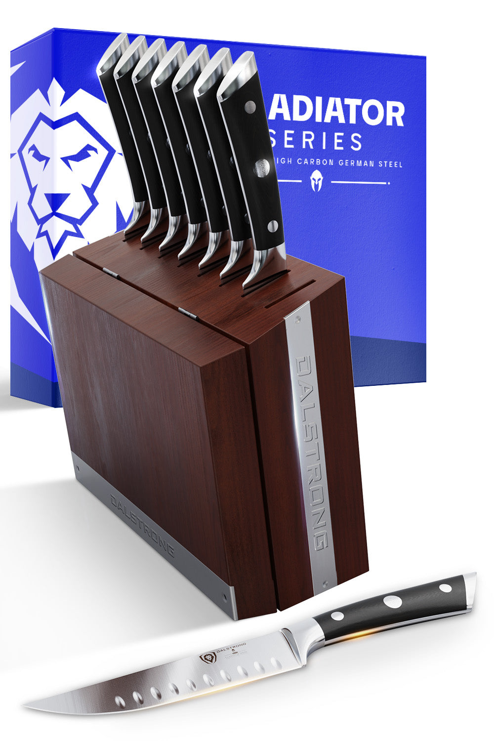 Dalstrong gladiator series 8 piece steak knife set with black handles in front of it's premium packaging.
