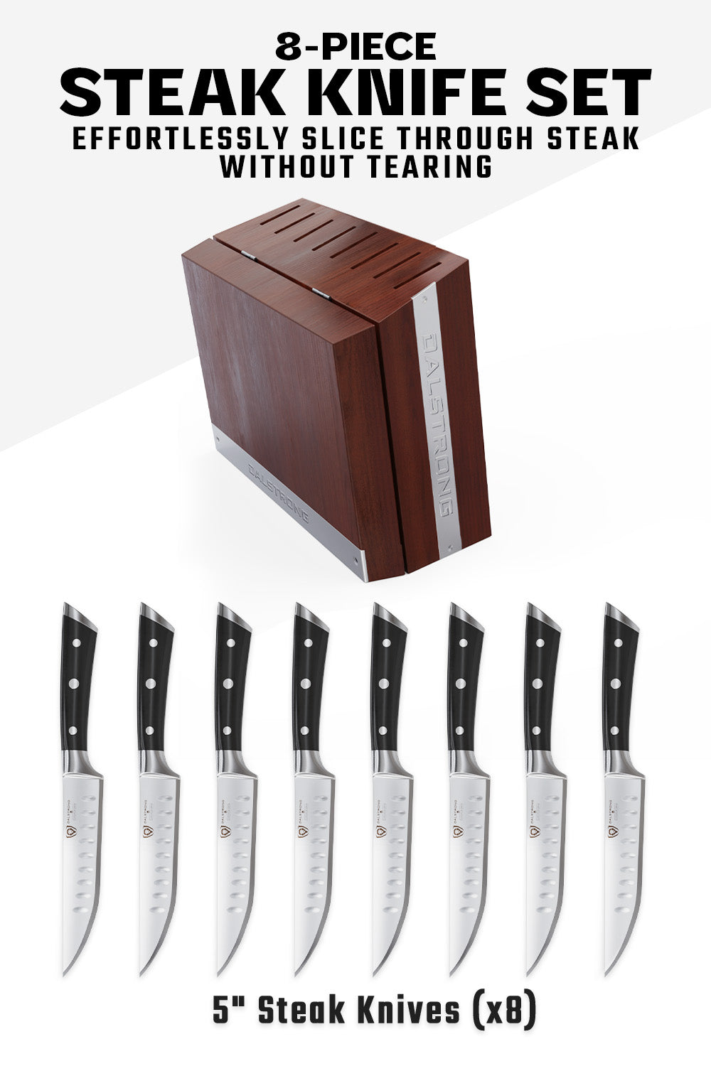 Dalstrong gladiator series 8 piece steak knife set featuring all eight steak knives.