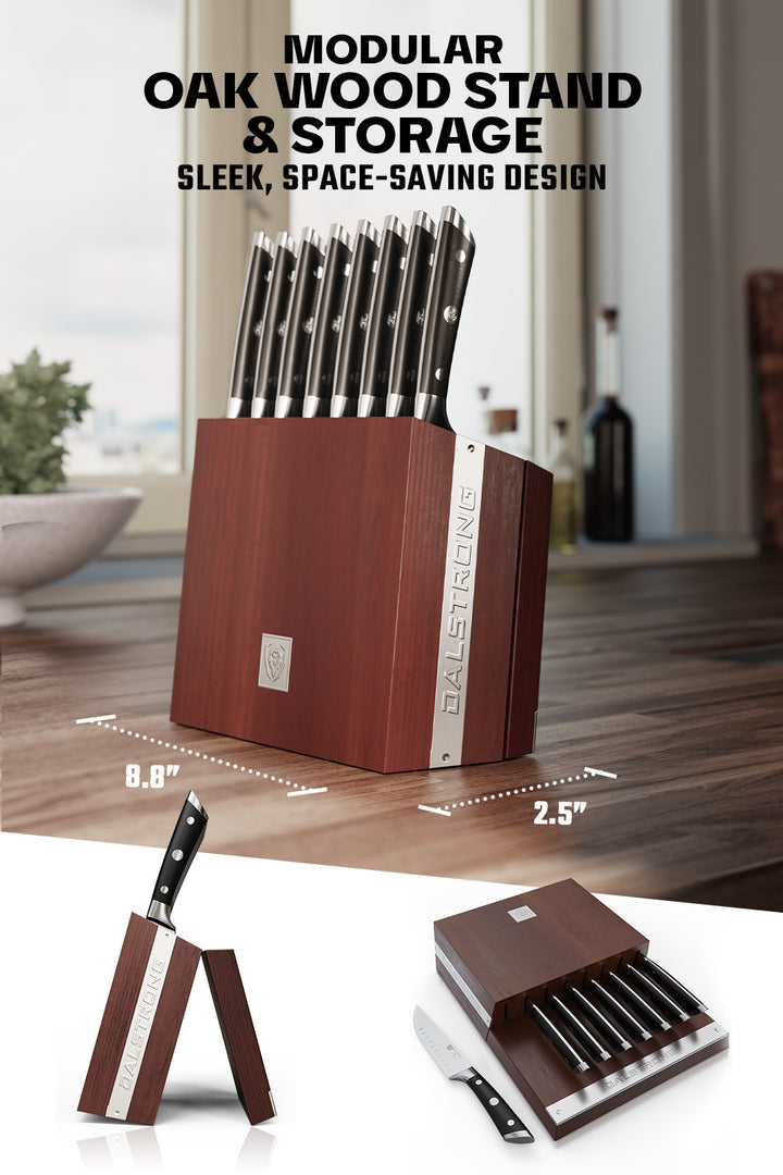 Dalstrong gladiator series 8 piece steak knife set with black handles showcasing it's handcrafted wooden stand. 