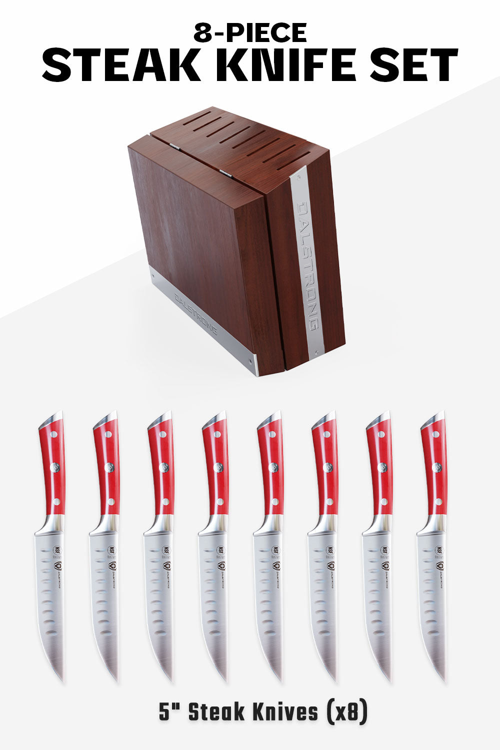 8-Piece Steak Knife Set | Red ABS Handles with Storage Block | Gladiator Series | Knives NSF Certified | Dalstrong ©