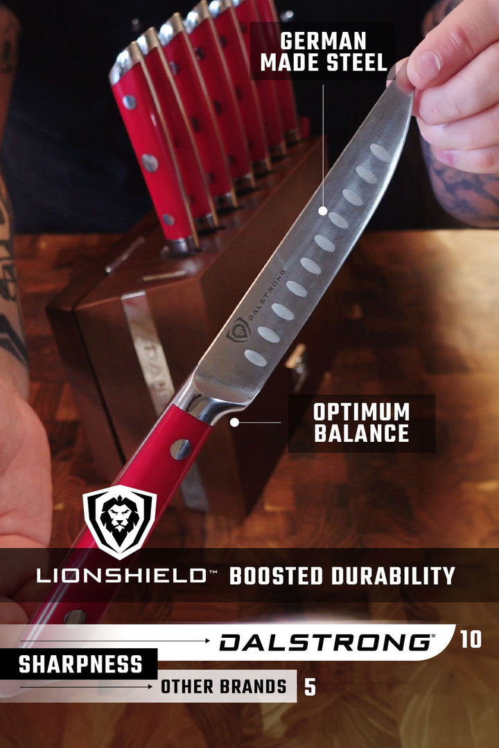 8-Piece Steak Knife Set | Red ABS Handles with Storage Block | Gladiator Series | Knives NSF Certified | Dalstrong ©