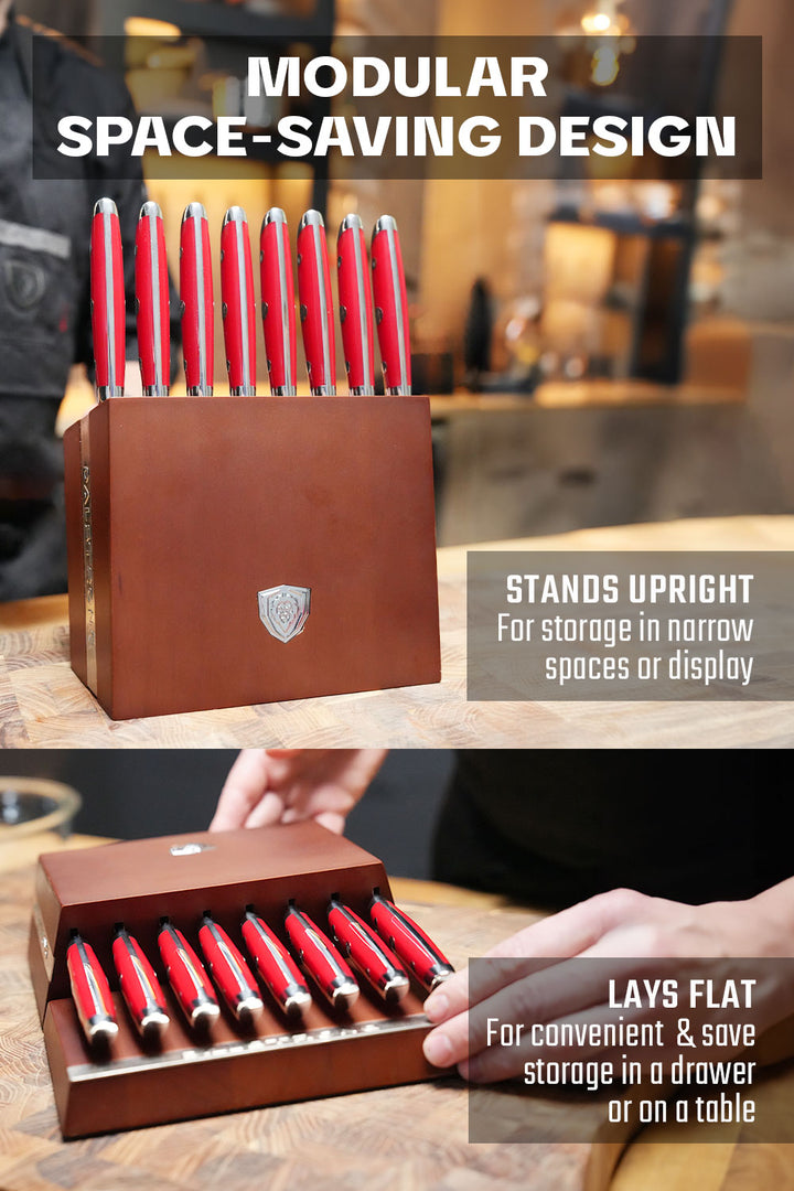 8-Piece Steak Knife Set | Red ABS Handles with Storage Block | Gladiator Series | Knives NSF Certified | Dalstrong ©